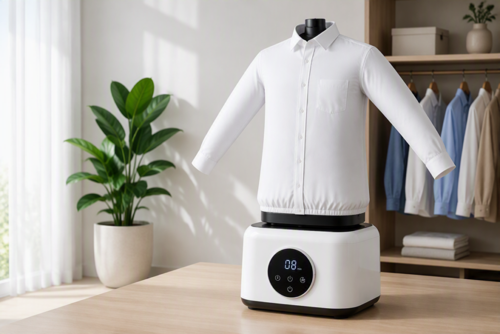 Moderne strijkmachine op strijkplank voor snel en efficiënt kleding strijken thuis